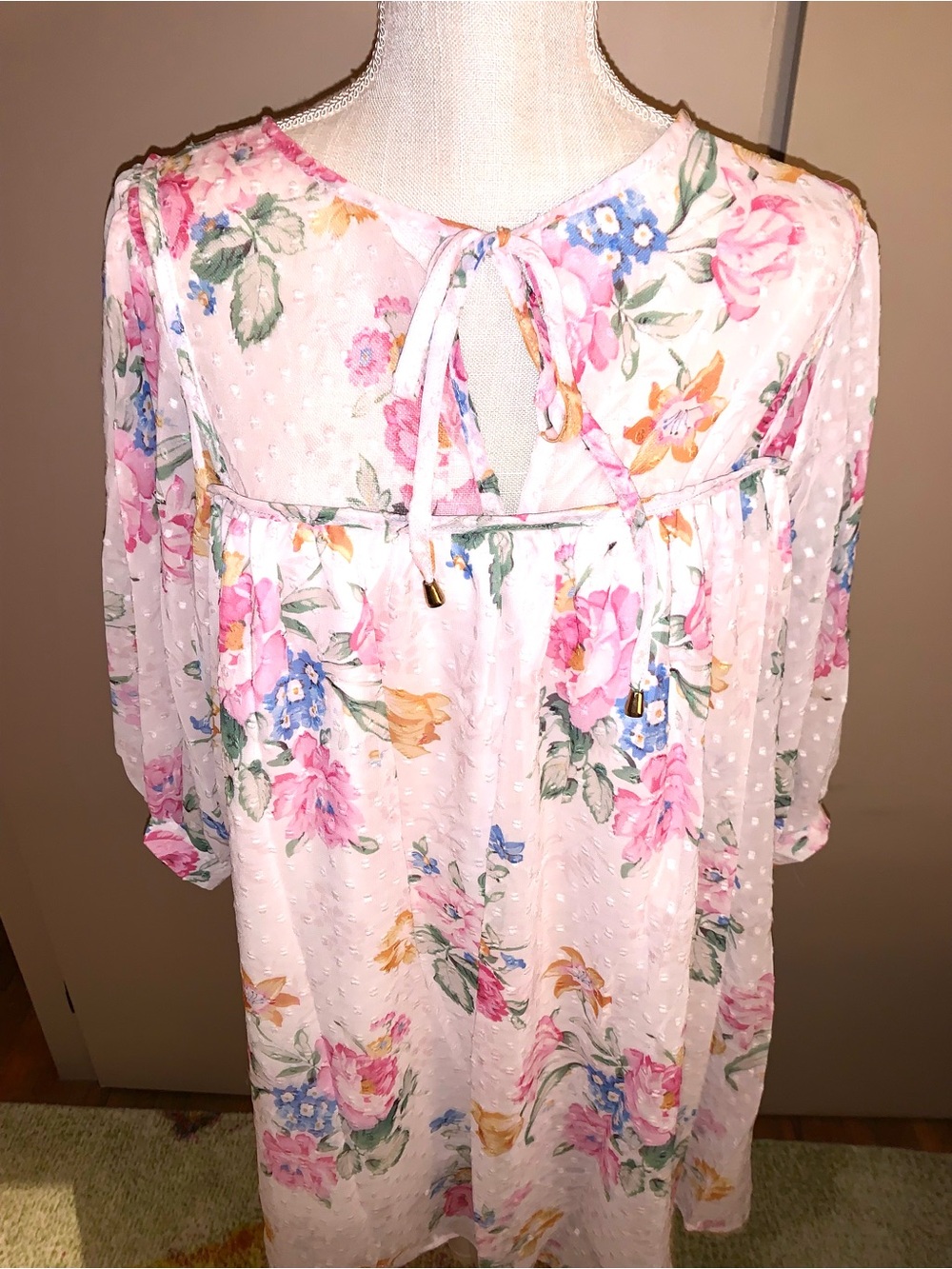NWT Sheer Floral Baby Doll Dress - Pale Pink with Blue & Yellow Roses